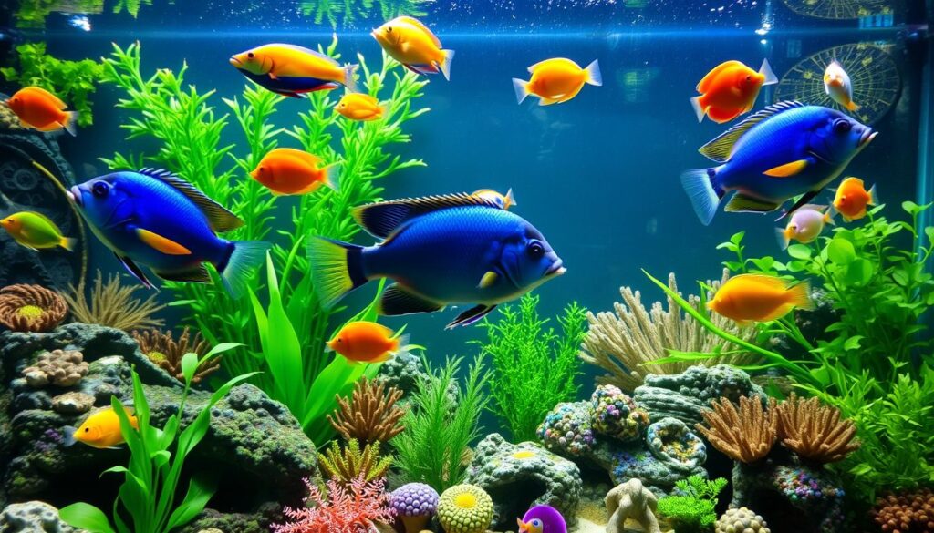 poissons colorés dans un aquarium décoratif