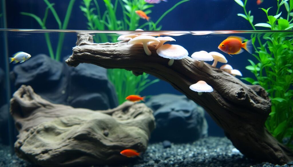 champignon sur ma racine d’aquarium